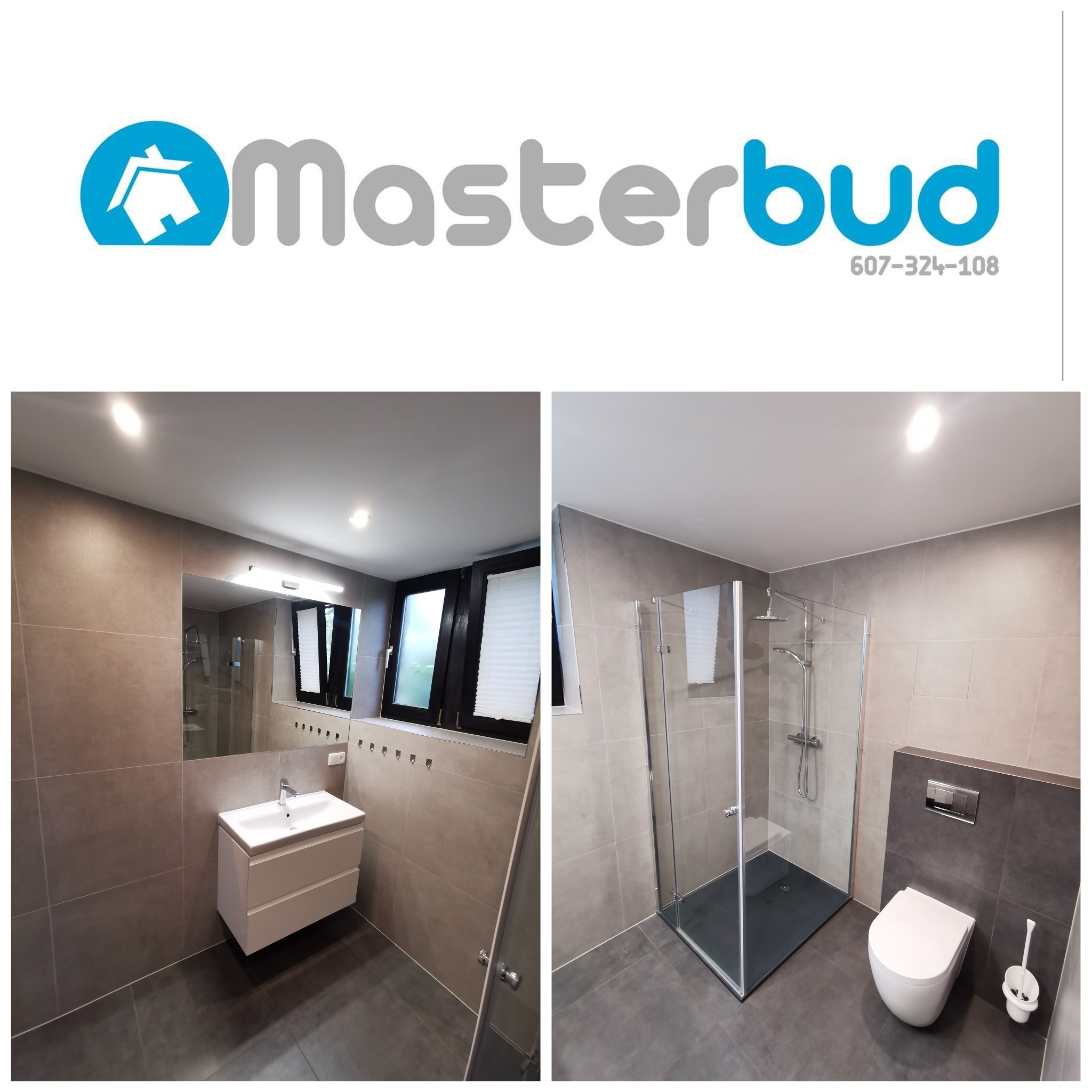 Dwa ujęcia wyremontowanej łazienki z szarymi płytkami: po lewej umywalka z szafką i lustro, po prawej kabina prysznicowa i toaleta.