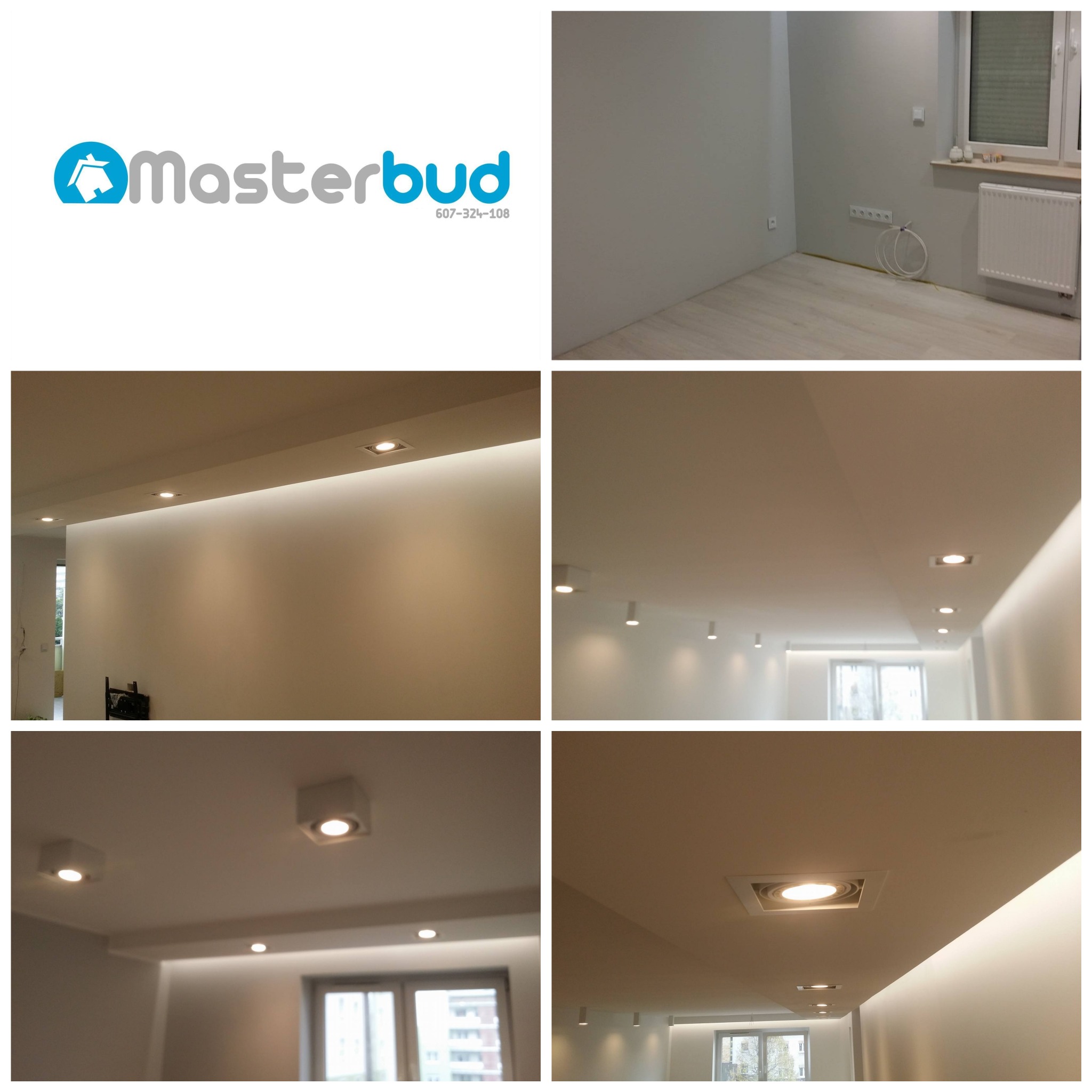 Kolaż zdjęć z Wabern prezentujący wykończone wnętrze z oświetleniem punktowym i listwami LED, w tym widok ogólny pokoju z gładkimi ścianami i jasną podłogą oraz zbliżenia na detale sufitu z różnymi...