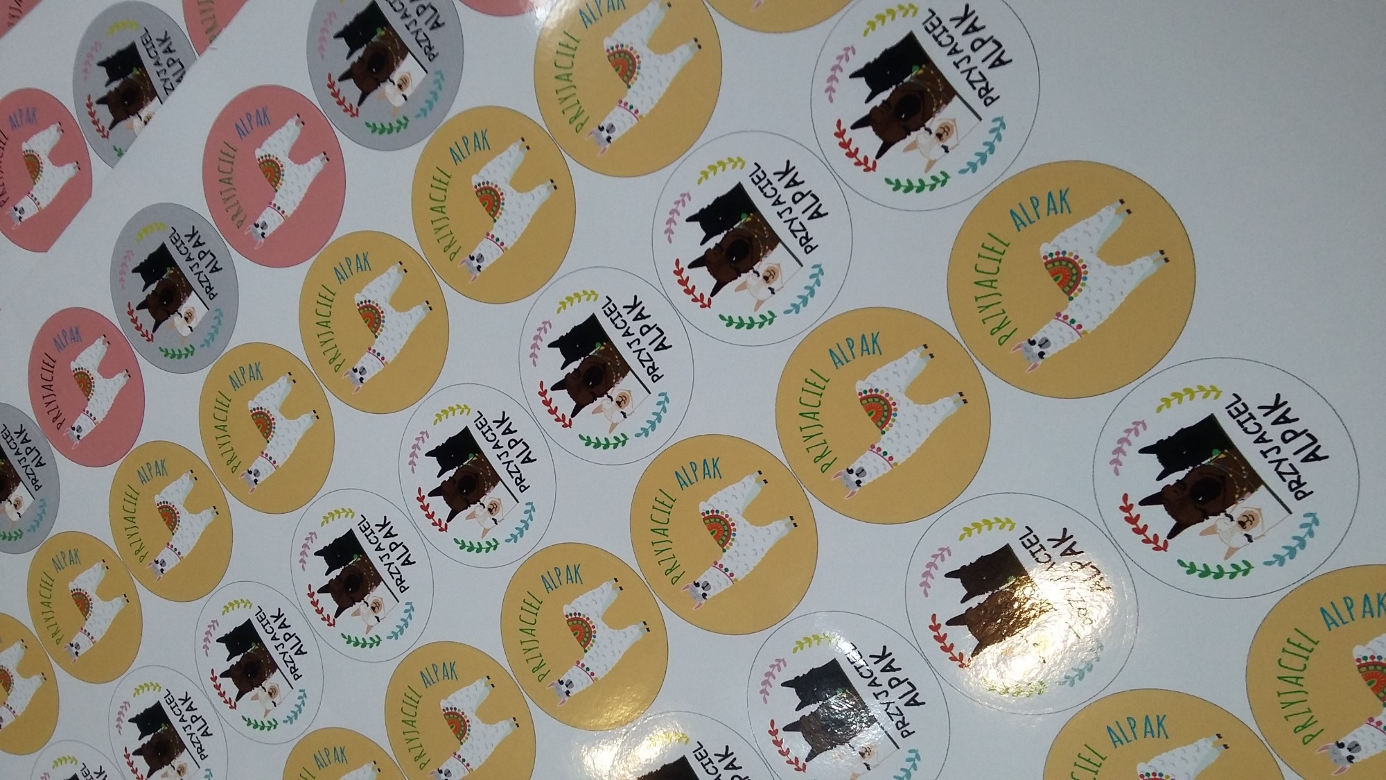 Arkusz z okrągłymi, samoprzylepnymi naklejkami z ilustracją alpaki i napisem 'Przyjaciel Alpak' w różnych kolorach tła.