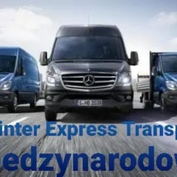 Trzy busy Mercedes-Benz Sprinter (jeden czarny, dwa niebieskie) jadące po autostradzie na tle panoramy miasta z drapaczami chmur. Czarny bus na pierwszym planie ma widoczną tablicę rejestracyjną.