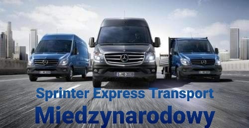Trzy busy Mercedes-Benz Sprinter (jeden czarny, dwa niebieskie) jadące po autostradzie na tle panoramy miasta z drapaczami chmur. Czarny bus na pierwszym planie ma widoczną tablicę rejestracyjną.