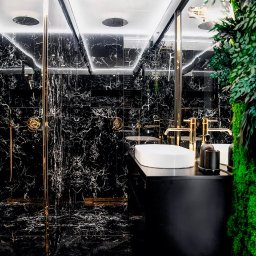 JT-KA M. I P. WĄSOWSCY SPÓŁKA JAWNA - Elegancka łazienka w czarnym marmurze z złotymi akcentami, oświetleniem LED i roślinnością. Nowoczesny design z umywalką nablatową i kabiną prysznicową.