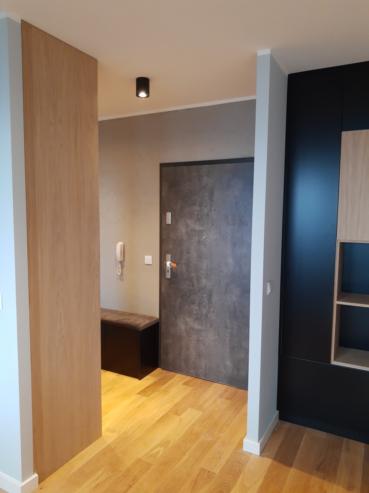 Nowoczesny przedpokój z drewnianą podłogą, szarą ścianą i drzwiami wejściowymi o betonowej fakturze, minimalistyczna zabudowa meblowa w kolorze czarnym i jasnego drewna.