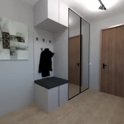 Wizualizacja przedpokoju z zabudową: szafa z lustrzanymi drzwiami w czarnej ramie, siedzisko z wieszakami, abstrakcyjny obraz na ścianie, drewnopodobna podłoga, oświetlenie punktowe.