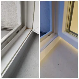 Porównanie czystości narożnika okna PCV: po lewej brudny, zakurzony, po prawej czysty, umyty narożnik z widoczną fakturą parapetu.