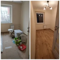 Porównanie stanu pokoju przed i po remoncie: widok na pomieszczenie z toaletą w trakcie prac remontowych, z kartonami, narzędziami i nieużywaną toaletą, zestawiony z widokiem na odnowiony pokój...