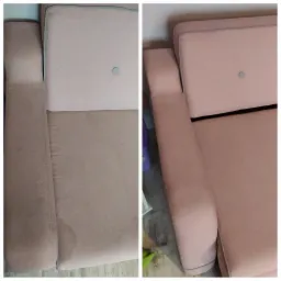 Porównanie fragmentu różowej kanapy przed i po czyszczeniu, widoczne plamy usunięte z materiału.