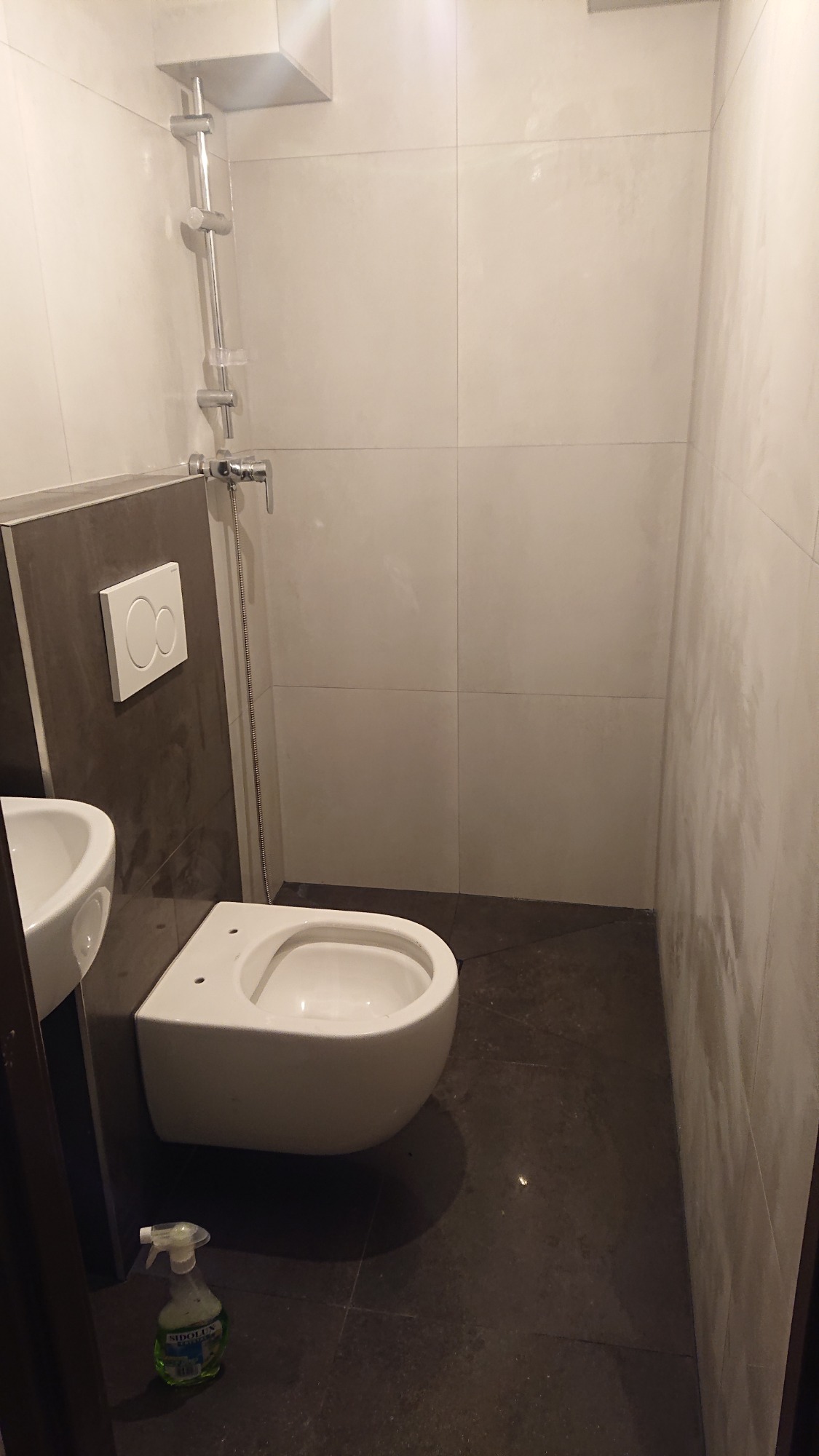 Nowoczesna, minimalistyczna łazienka z podwieszaną toaletą, białymi płytkami ściennymi i ciemną podłogą, widoczny dozownik do mydła i armatura prysznicowa