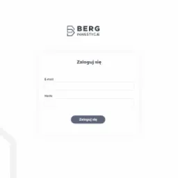 Ekran logowania do strony internetowej firmy Berg Inwestycje z Rzeszowa, z polami na e-mail i hasło oraz przyciskiem 'Zaloguj się', minimalistyczny design z logo firmy w górnej części.