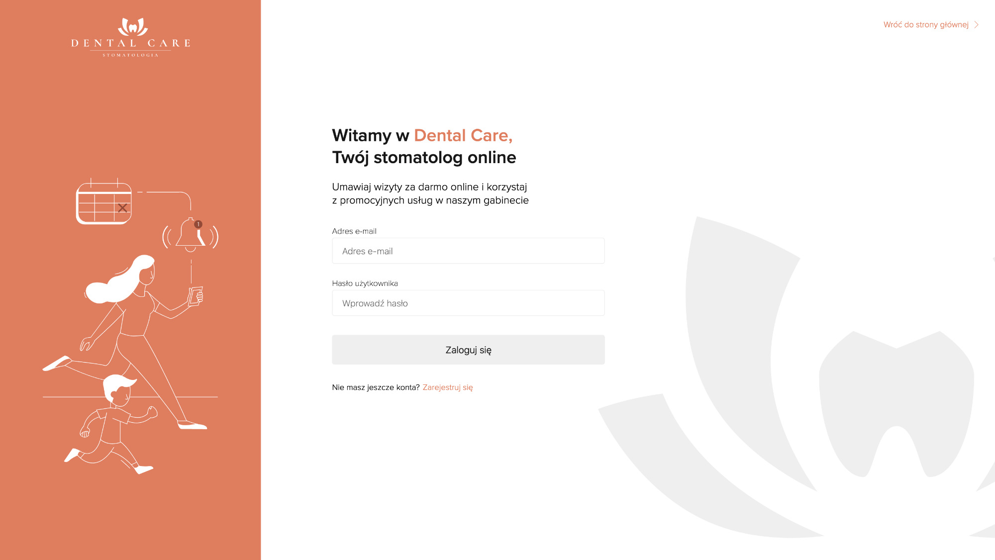 Ekran logowania strony internetowej gabinetu stomatologicznego Dental Care, z ilustracjami kobiety i dziecka biegnących w kierunku kalendarza i dzwonka powiadomień, na pomarańczowo-białym tle.