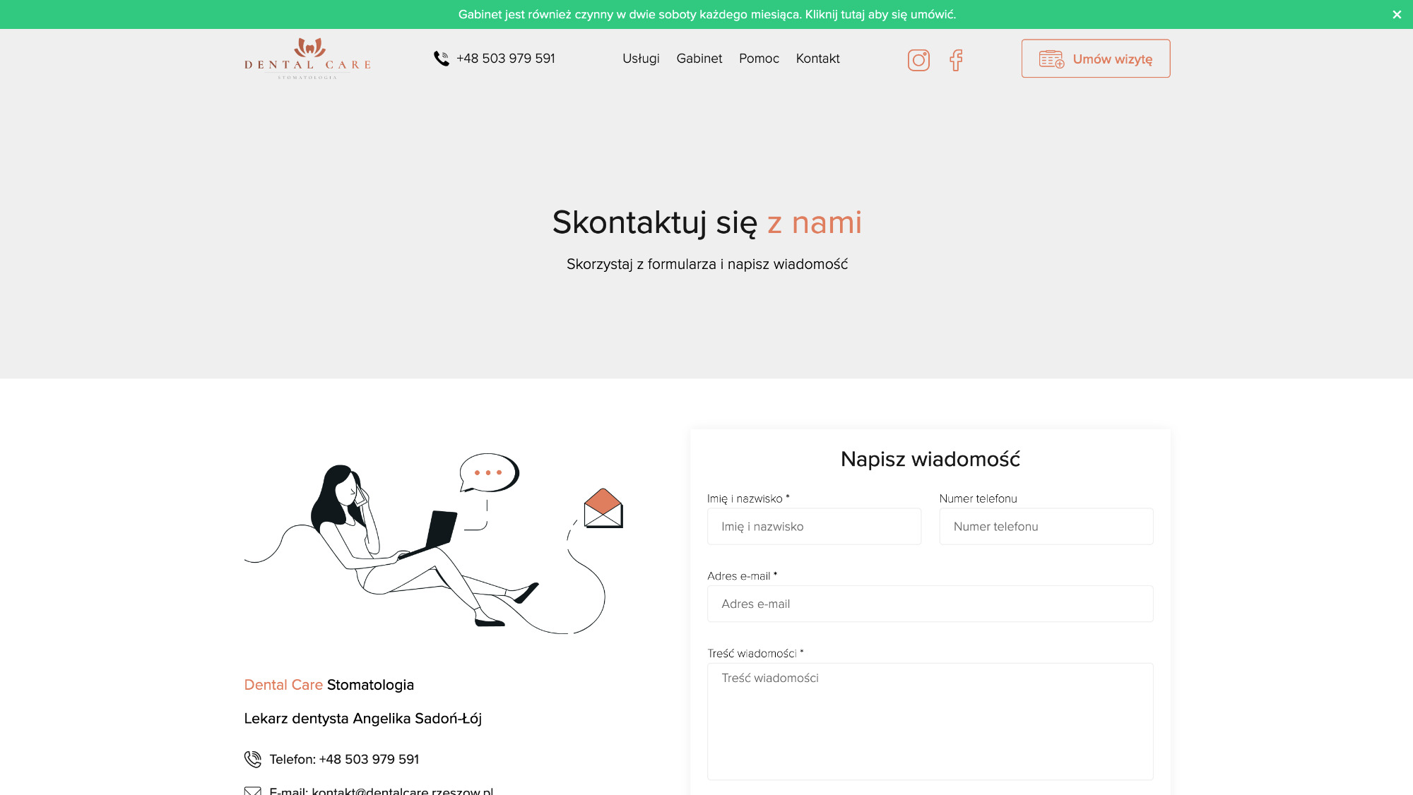 Strona internetowa stomatologii Dental Care z formularzem kontaktowym, ilustracją kobiety pracującej na laptopie i logotypem firmy w górnej części strony.
