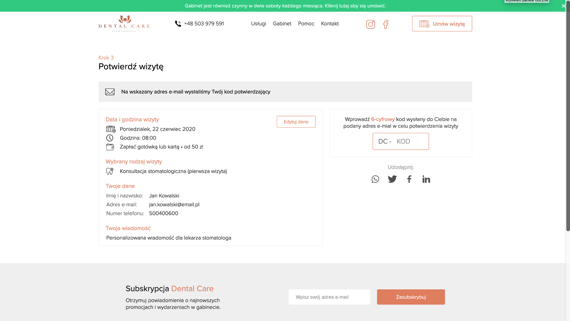 Ekran komputera prezentujący formularz potwierdzenia rezerwacji wizyty w gabinecie stomatologicznym Dental Care, z widocznymi danymi wizyty, danymi pacjenta i polem do wprowadzenia kodu...