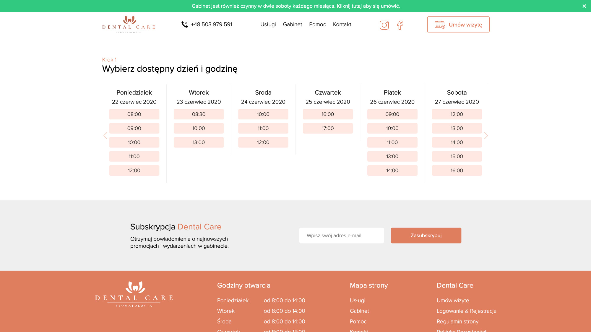 Fragment strony internetowej z systemem rezerwacji wizyt online dla gabinetu stomatologicznego Dental Care, prezentujący kalendarz z dostępnymi dniami i godzinami wizyt.