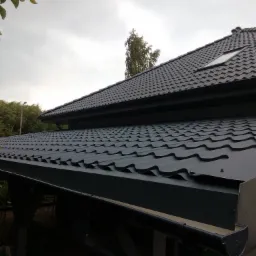 Nowoczesny, ciemnoszary dach z blachodachówki z oknem dachowym, widoczny z perspektywy rynny, na tle pochmurnego nieba i zieleni drzew.