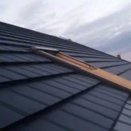 Grafitowy dach z blachy na rąbek stojący z oknem dachowym, widoczny komin wentylacyjny i fragment zabudowy jednorodzinnej w tle.