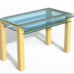 BBud - Szklany stolik kawowy z blatem i półką, wsparty na czterech drewnianych nogach, prezentowany na jasnym tle. Widoczne delikatne cienie.