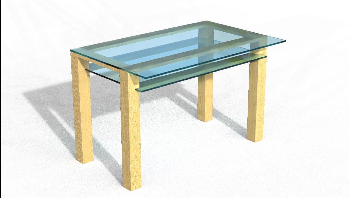 Szklany stolik kawowy z blatem i półką, wsparty na czterech drewnianych nogach, prezentowany na jasnym tle. Widoczne delikatne cienie.