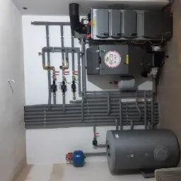 Kompleksowa instalacja grzewcza w kotłowni: szare rury, zawory, zbiornik buforowy, rekuperator z naklejką 'eco design' i grzejnik żeberkowy na podłodze.