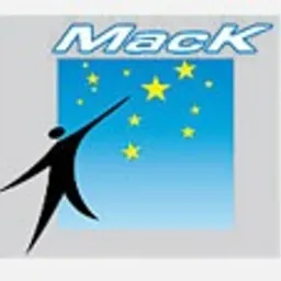 Logo firmy Mack z sylwetką człowieka sięgającego do gwiazd na tle błękitnego nieba.