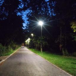 Usługi elektroinstalacyjne i teletechniczne Loranc Piotr - Oświetlona aleja parkowa nocą, widoczne latarnie uliczne i sylwetki spacerujących w oddali.