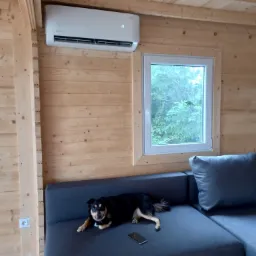 Wnętrze drewnianego domku z zainstalowaną klimatyzacją ścienną, pod którą leży pies na szarej sofie, obok okna z widokiem na zieleń.
