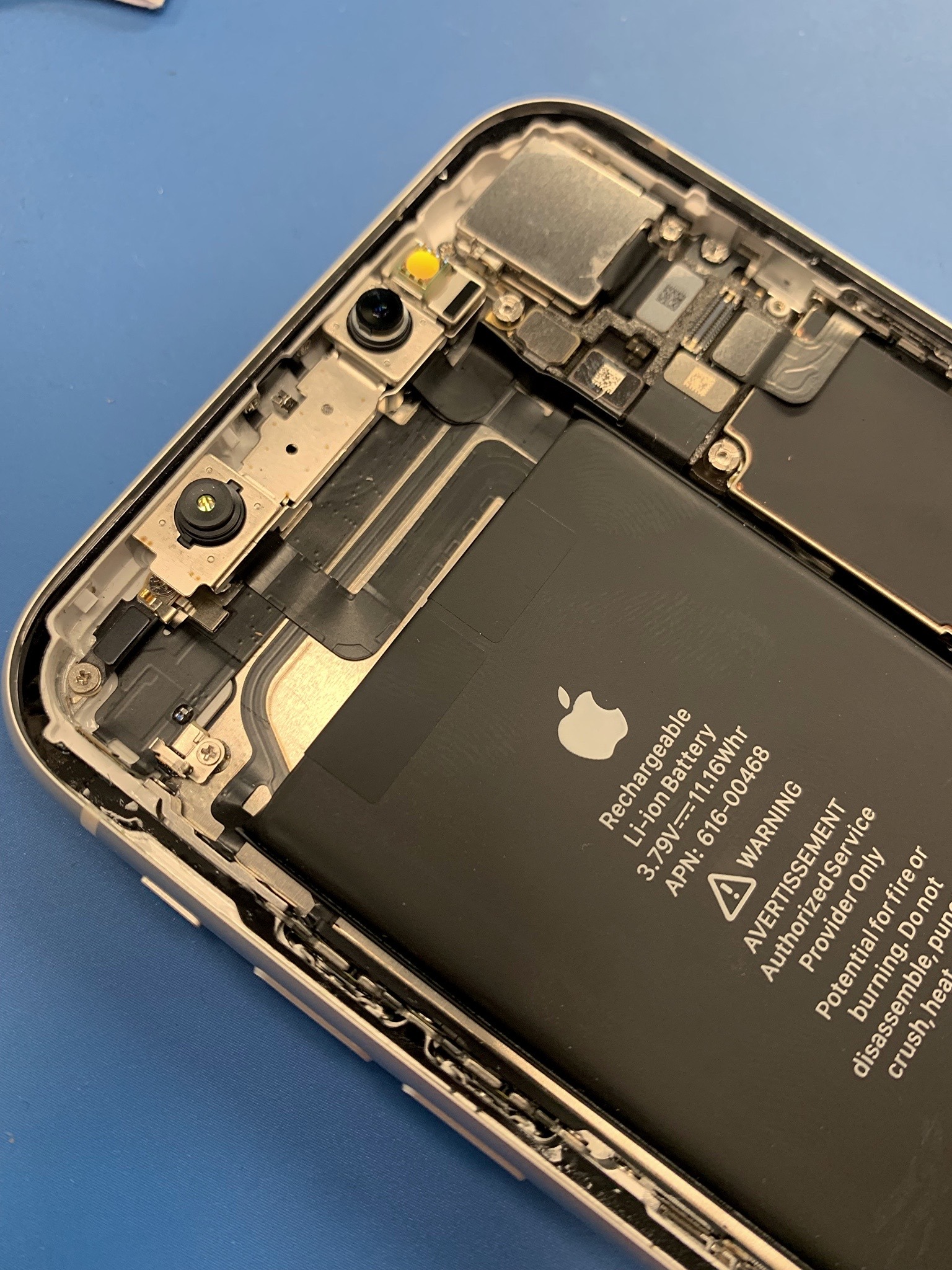 Otwarty iPhone z widoczną baterią i elementami wewnętrznymi, podczas wymiany baterii na niebieskim tle.