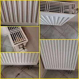 Kolaż zdjęć przedstawiający biały, żeliwny grzejnik żeberkowy przed i po czyszczeniu, z widocznymi zabrudzeniami na podłodze w dolnych kadrach.