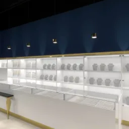 Wnętrze sklepu jubilerskiego z białymi szafami wystawienniczymi podświetlonymi od wewnątrz, eksponującymi naszyjniki na manekinach, z ciemnoniebieską ścianą w tle i złotymi akcentami dekoracyjnymi.