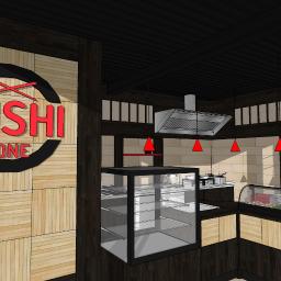 Projekt wnętrza stoiska sushi na wynos.
