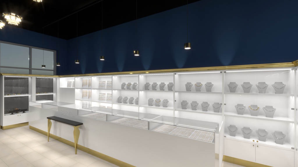 Wnętrze sklepu jubilerskiego z białymi szafami wystawienniczymi podświetlonymi od wewnątrz, eksponującymi naszyjniki na manekinach, z ciemnoniebieską ścianą w tle i złotymi akcentami dekoracyjnymi.