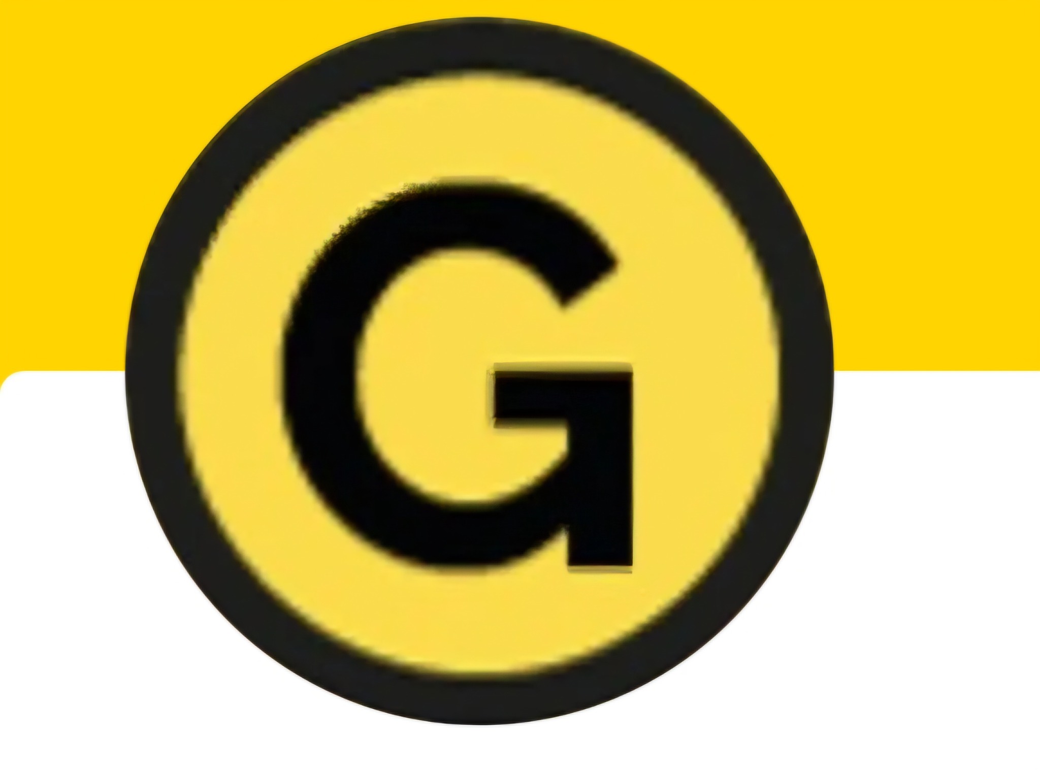 Logo firmy z czarną literą G w żółtym okręgu na białym tle z żółtym paskiem u góry.