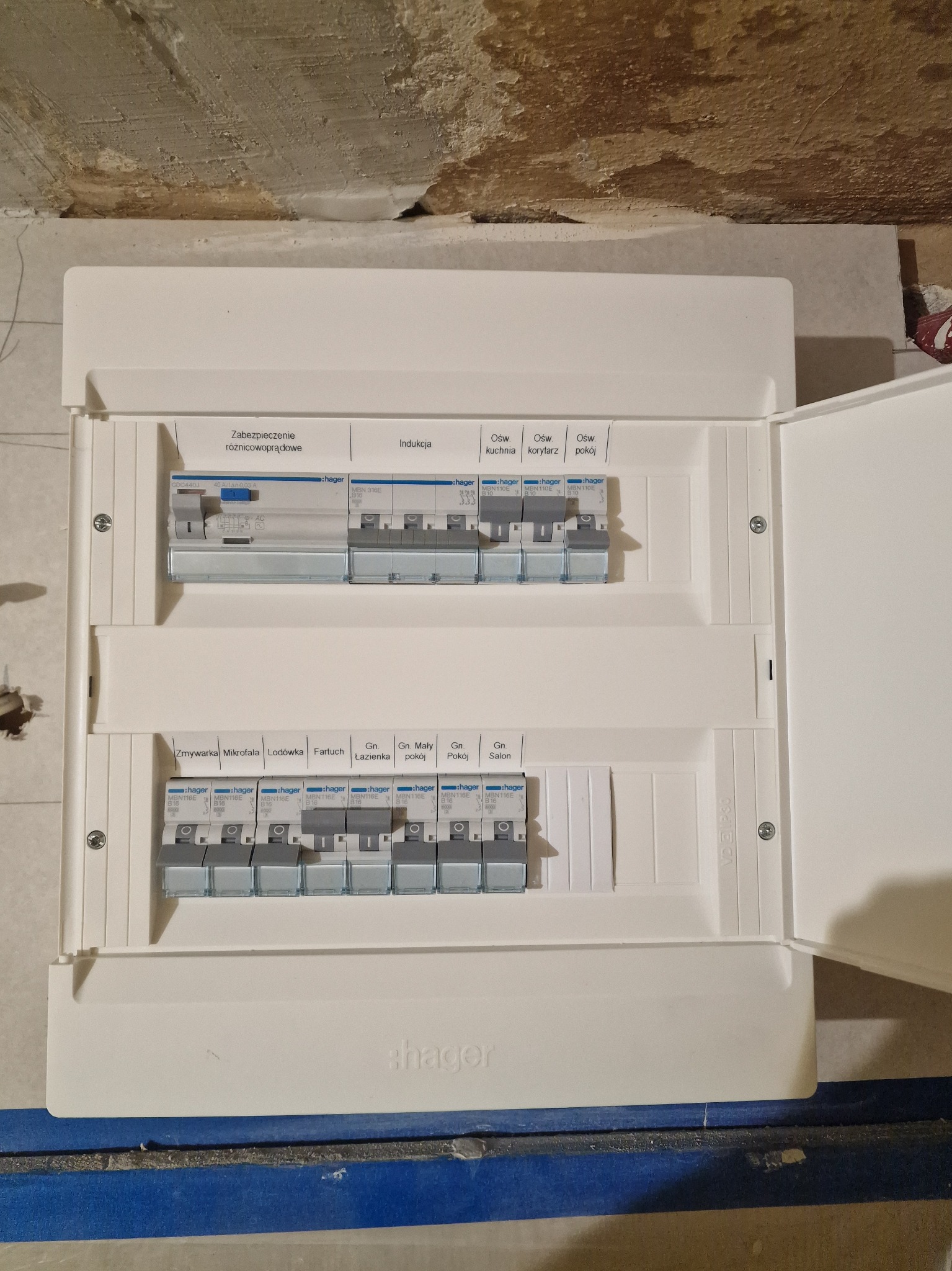 Otwarta, biała skrzynka elektryczna Hager z bezpiecznikami, opisana: zmywarka, mikrofala, lodówka, kuchnia, pokój. Widoczne przewody i surowy stan wykończenia ściany.