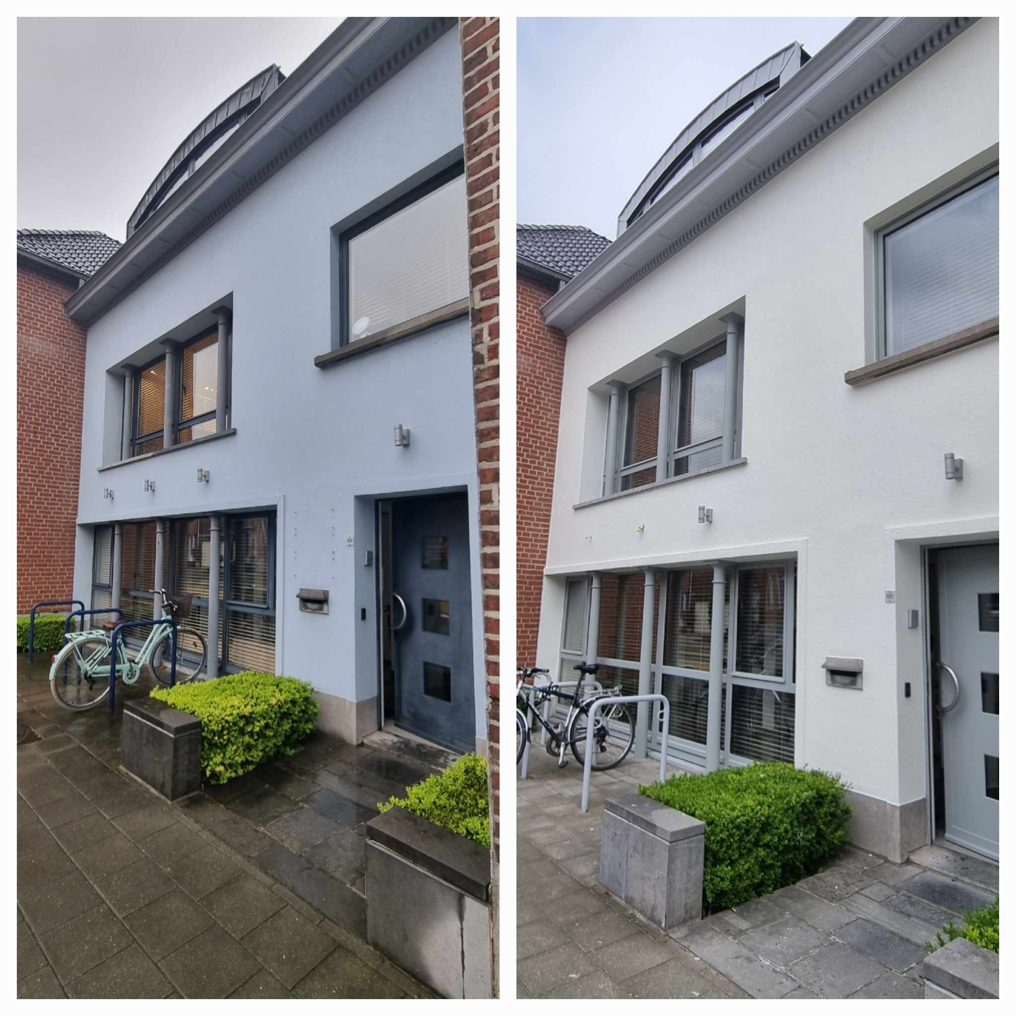 Zdjęcie 'przed i po' przedstawia elewację budynku: po lewej stronie elewacja w kolorze jasnoniebieskim, po prawej po odświeżeniu w kolorze białym. Widoczne okna z żaluzjami, drzwi wejściowe...