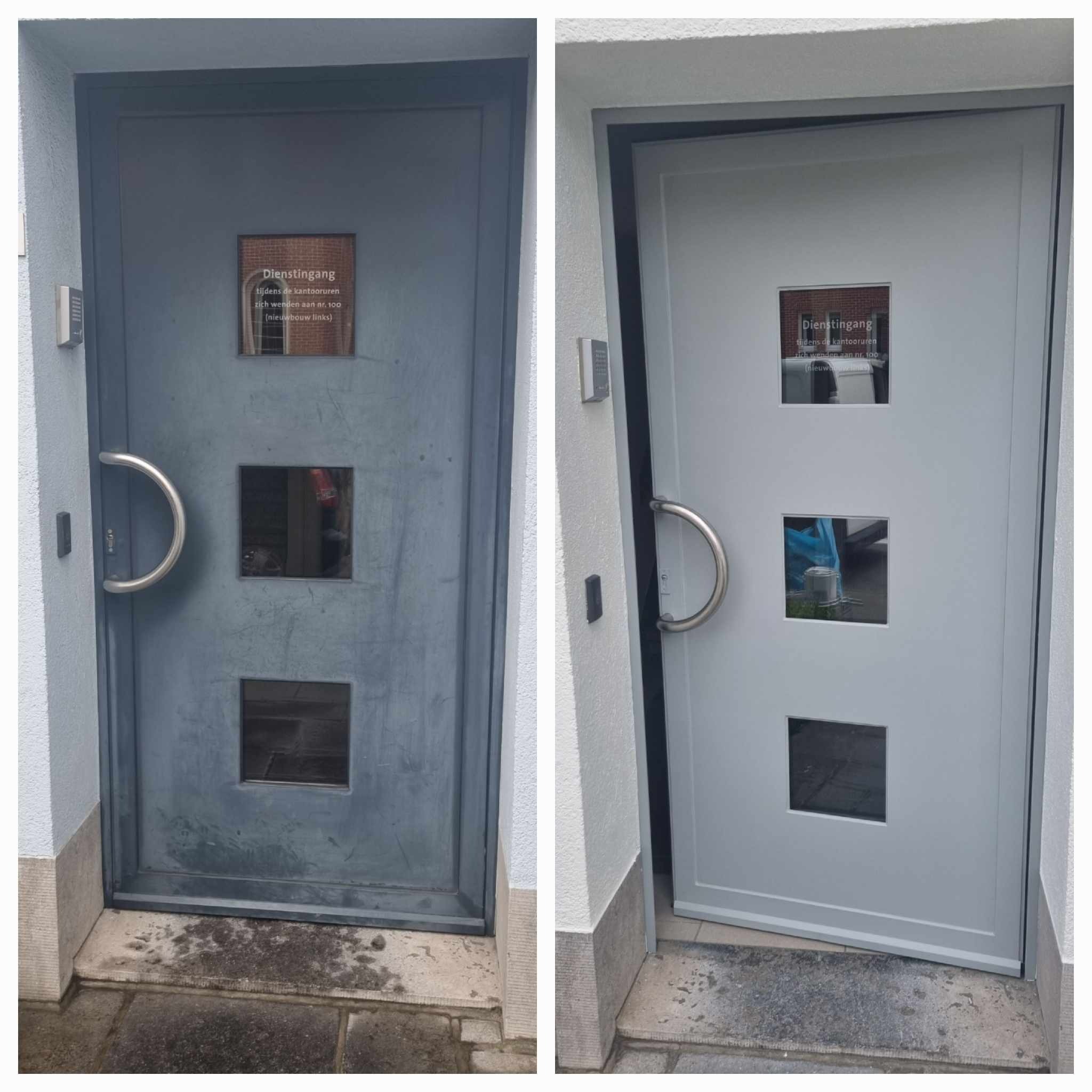 Zdjęcie przedstawia drzwi wejściowe przed i po renowacji: po lewej stronie brudne, szare drzwi z plamami i zabrudzeniami, po prawej świeżo pomalowane na jasnoszaro, czyste drzwi z nową farbą...