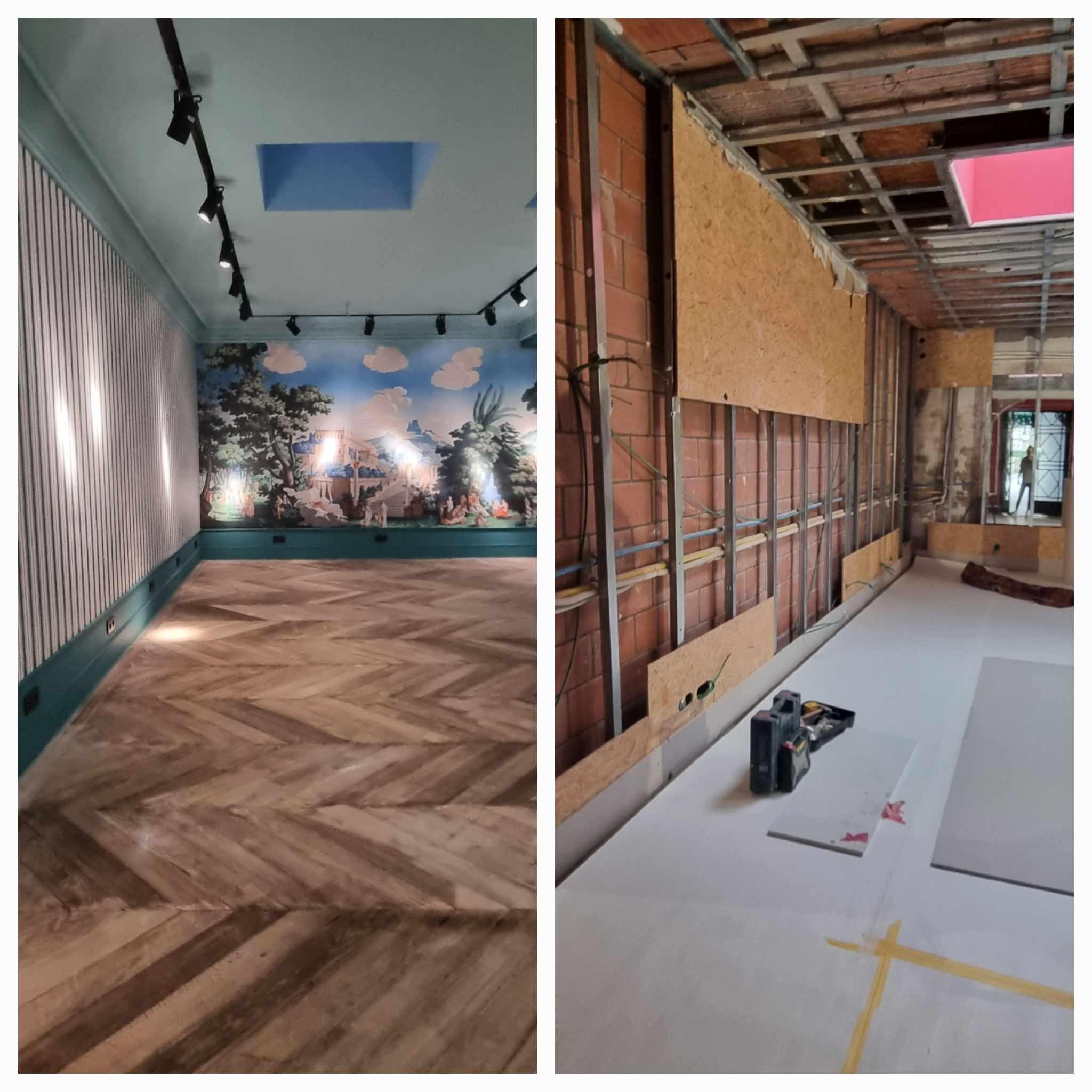 Porównanie stanu pomieszczenia przed i w trakcie remontu: po lewej parkiet ułożony w jodełkę i ściana z malowidłem, po prawej surowa cegła, płyta OSB i narzędzia.