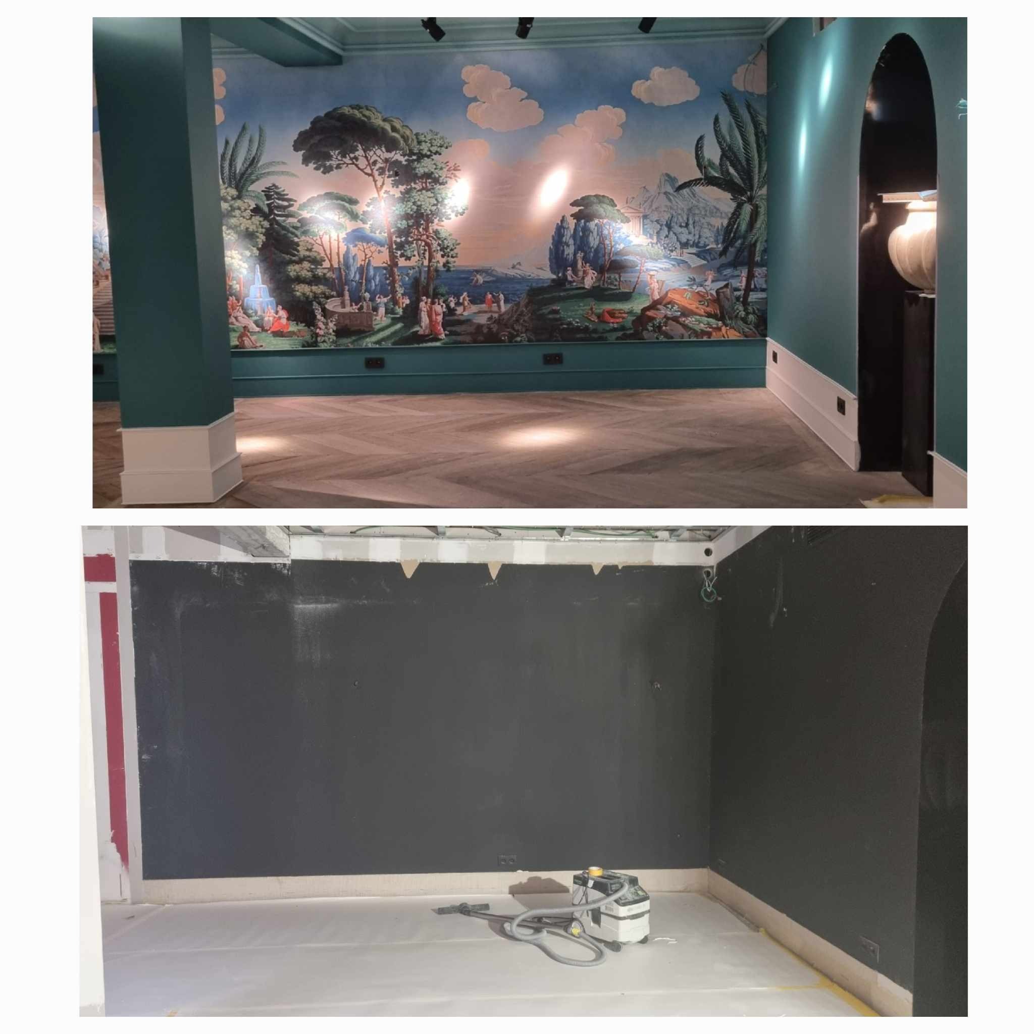 Dwuczęściowe zdjęcie przedstawia pokój przed i po odświeżeniu: górna część ukazuje wykończone wnętrze z dekoracyjną tapetą z motywem krajobrazu, elegancką podłogą ułożoną w jodełkę i zielonymi...