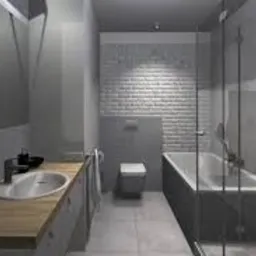 Szara łazienka z drewnianym blatem umywalki, białą cegłą na ścianie za toaletą i wanną z parawanem, widoczne minimalistyczne akcesoria.