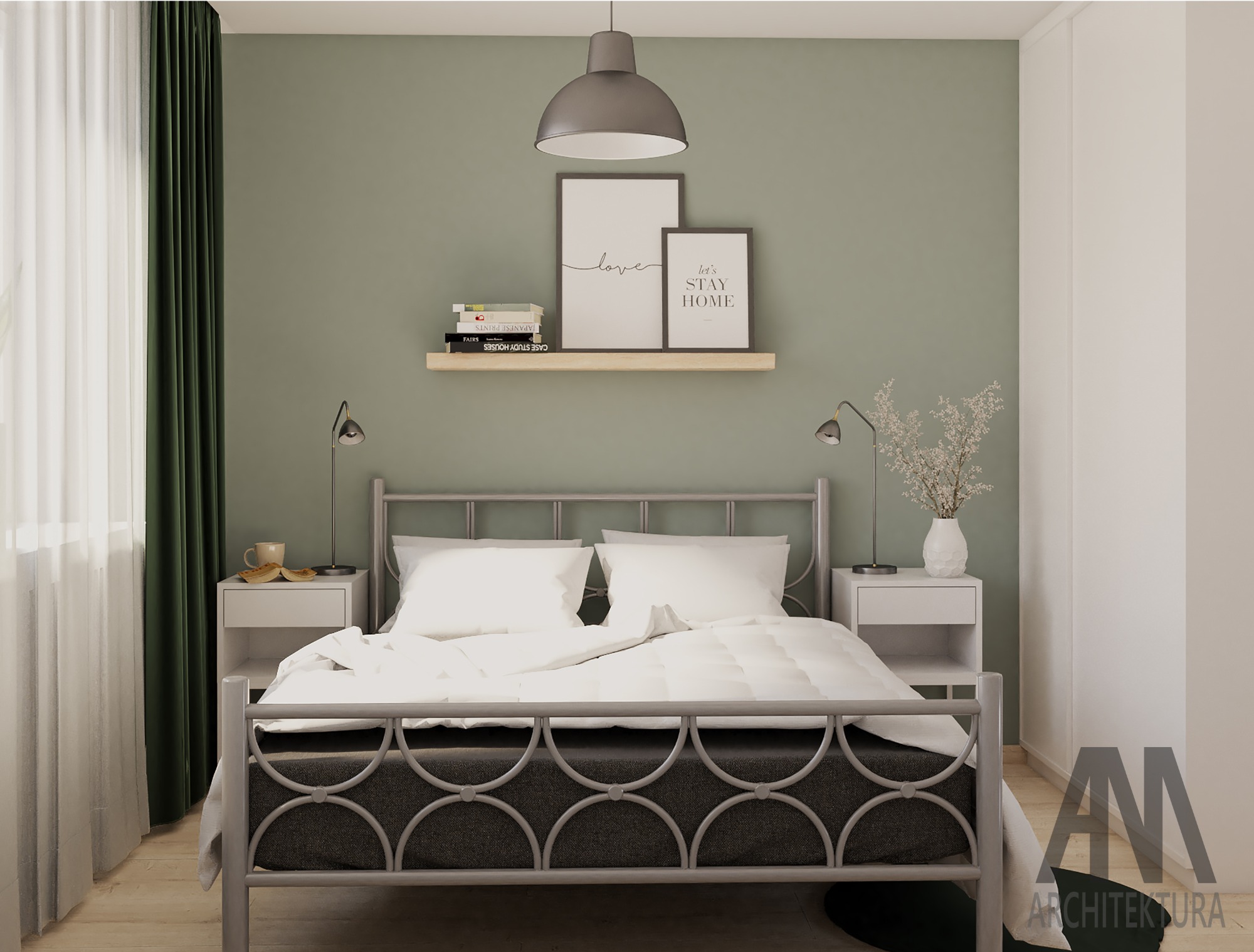 Sypialnia w odcieniach zieleni i bieli z łóżkiem z metalową ramą, dekoracjami ściennymi i minimalistycznymi lampkami nocnymi, oświetlona wiszącą lampą.
