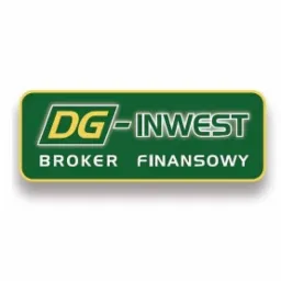 Logo DG-Invest Broker Finansowy na zielonym tle z żółtymi elementami, umieszczone w zaokrąglonej ramce.