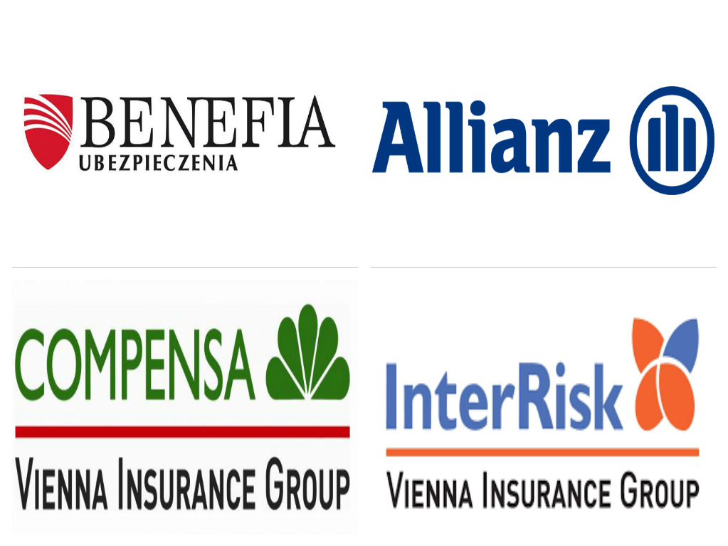 Kompozycja czterech logotypów firm ubezpieczeniowych: Benefia, Allianz, Compensa Vienna Insurance Group i InterRisk Vienna Insurance Group, na białym tle.