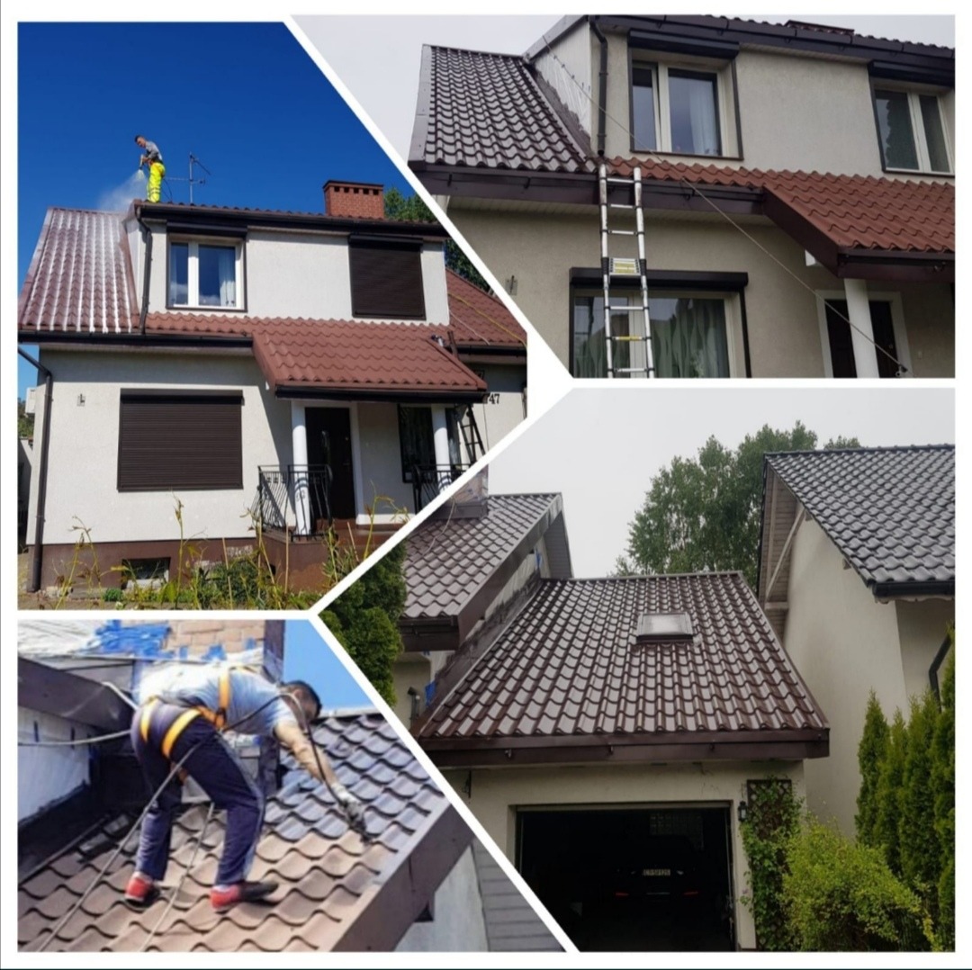 Montaż kompozycji zdjęć z różnych ujęć: pracownik w szelkach czyszczący dach myjką ciśnieniową, dom z zamontowaną drabiną przy rynnie, dach garażu z widocznymi rynnami.