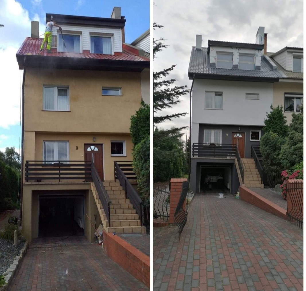 Porównanie domu przed i po: po lewej elewacja w odcieniach beżu, pracownik w neonowym stroju czyści dach myjką ciśnieniową, po prawej dom z elewacją w odcieniach szarości i bieli.