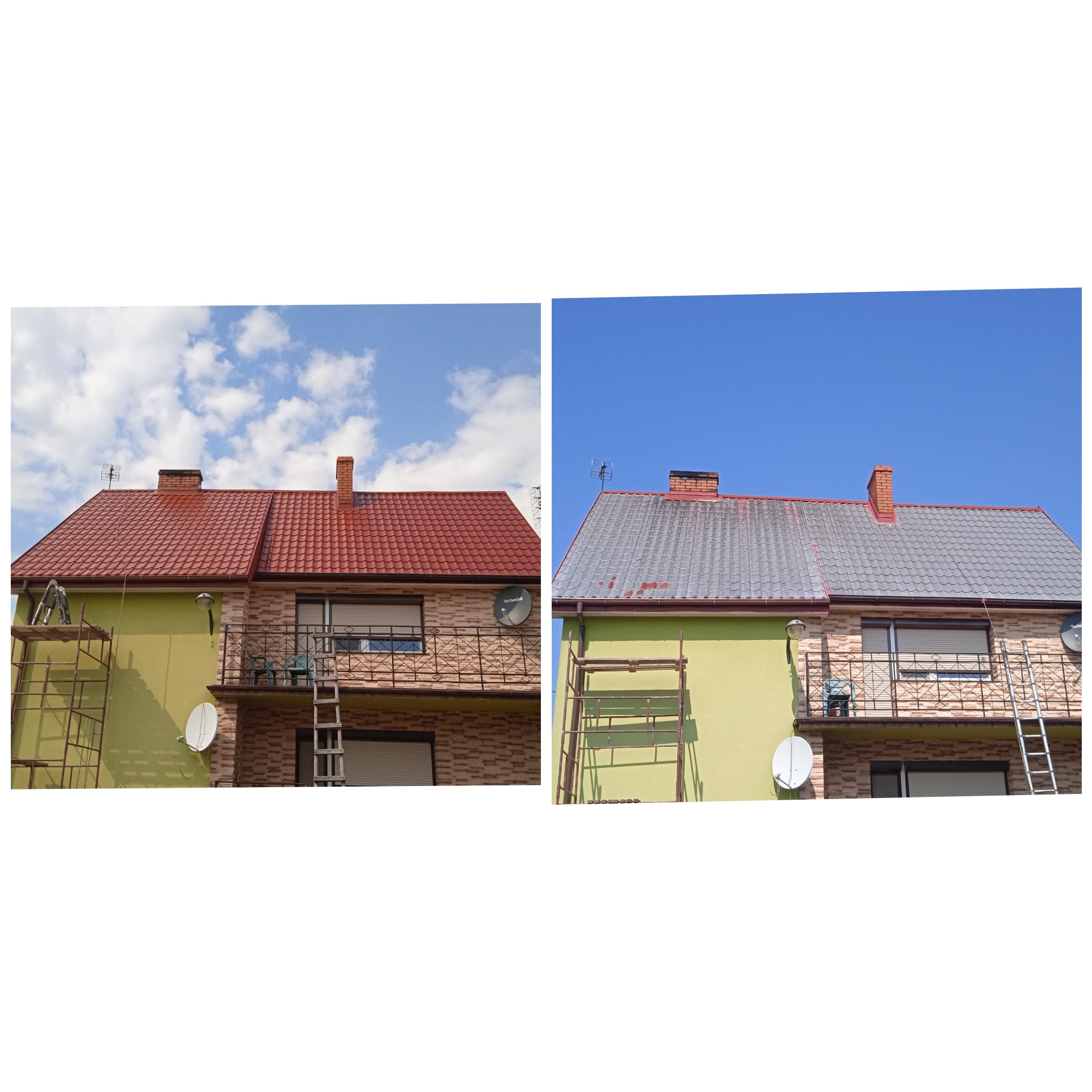 Porównanie dachu przed i po czyszczeniu, widoczne rusztowanie i drabina przy elewacji dwupiętrowego domu z balkonem.