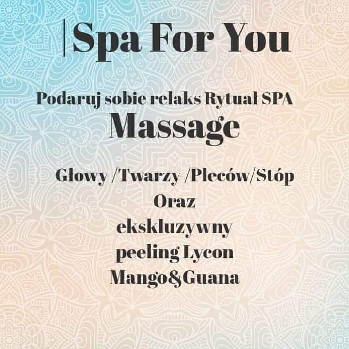 Ogłoszenie SPA z ofertą masażu (głowy, twarzy, pleców, stóp) oraz peelingu Lycon Mango&Guana na tle w odcieniach błękitu i beżu.