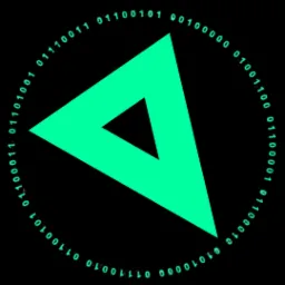 Stylizowane logo: jaskrawozielony trójkąt z wyciętym mniejszym trójkątem w środku, otoczony okręgiem z cyfrowym kodem binarnym na czarnym tle.