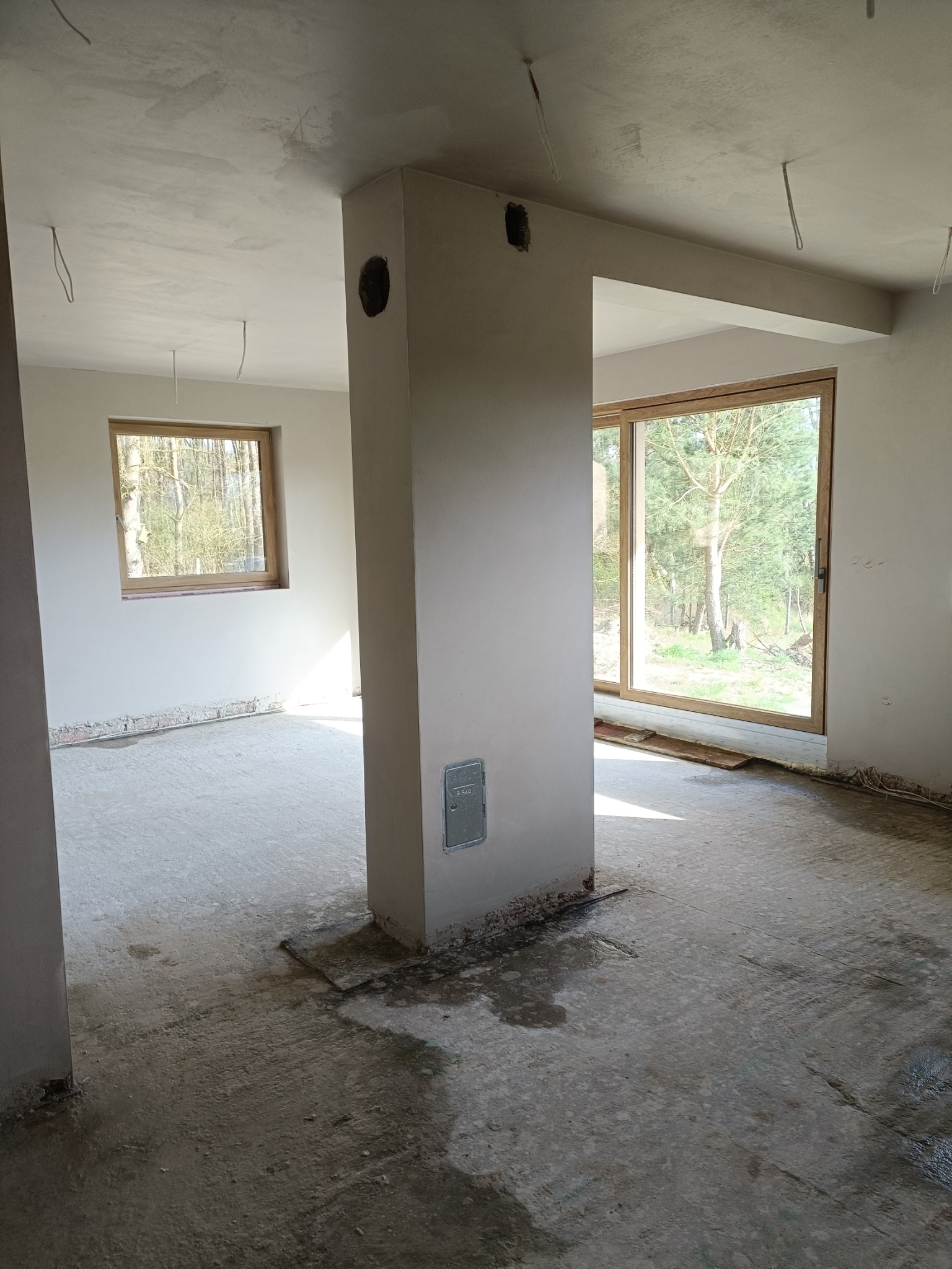 Wnętrze po tynkowaniu: gładkie, jasne ściany i sufit, widoczne okna z widokiem na las, przygotowane otwory na instalacje. Minimalistyczny, surowy stan wykończenia.