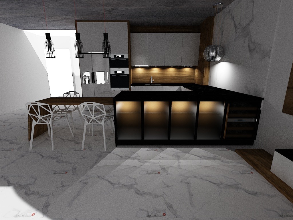 Wizualizacja nowoczesnej kuchni z wyspą, białymi szafkami, drewnianym blatem, marmurową podłogą i designerskimi lampami wiszącymi.