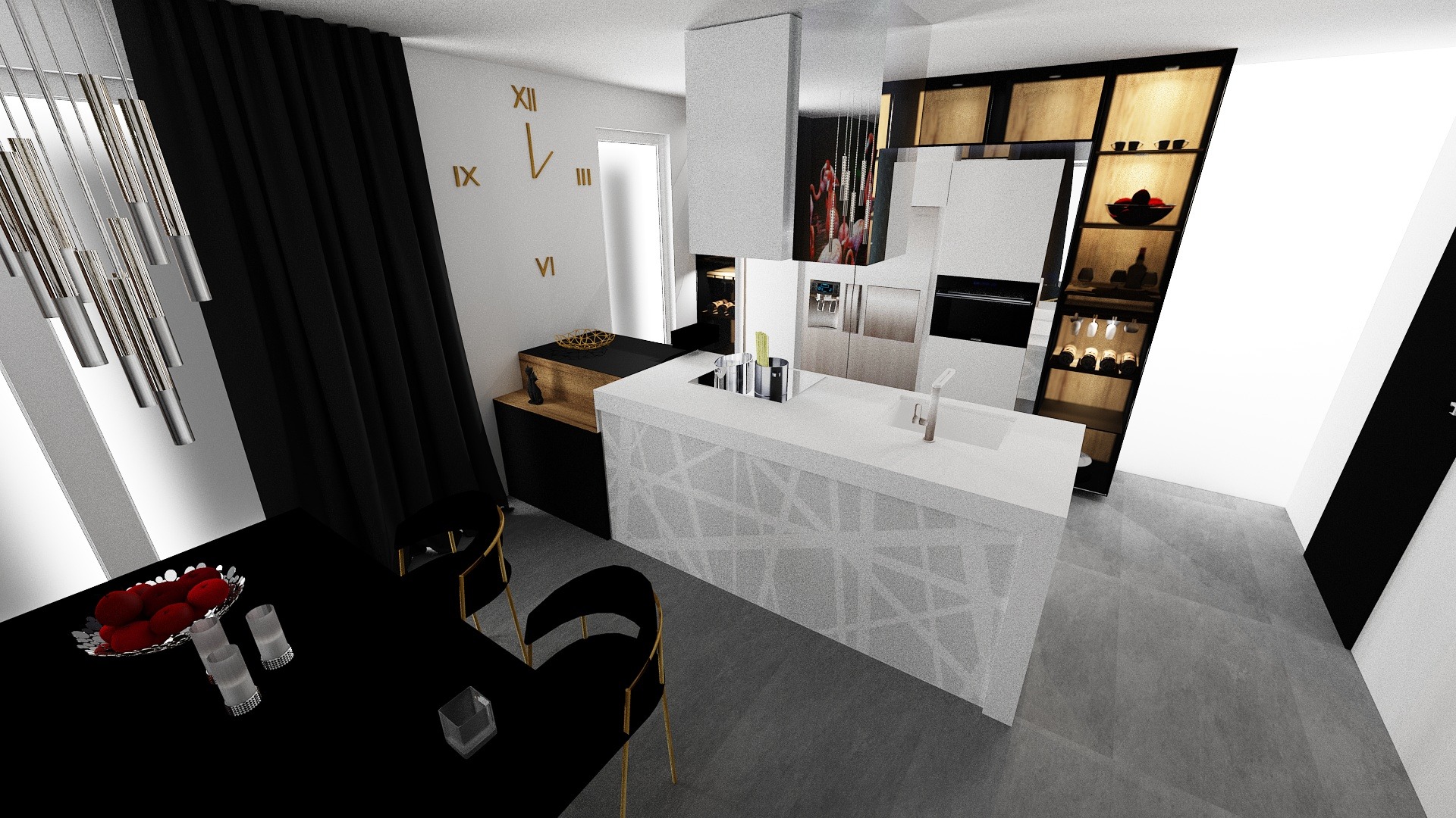 Wizualizacja nowoczesnej kuchni z wyspą o geometrycznym wzorze, czarnym stołem z owocami, złotym zegarem na ścianie i designerską lampą wiszącą