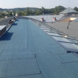 Niebieska papa termozgrzewalna na płaskim dachu z widocznymi kominami i świetlikiem dachowym, w tle zabudowa jednorodzinna i tereny zielone.