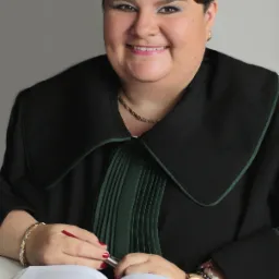 Uśmiechnięta kobieta w todze, z czerwoną szminką i upiętymi włosami, siedzi za stołem z otwartą księgą, trzymając w dłoni długopis.